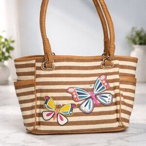 Butterfly Embroidered Striped Canvas Tote Bag Tan Brown Shoulder Handbag